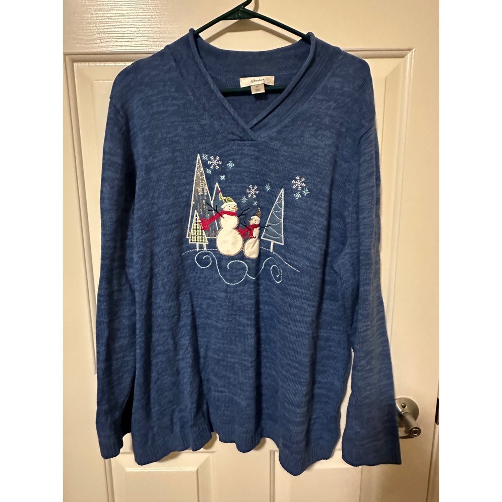 CJ Banks Sweater Women 2X Blue Snowman Embroidered V-Neck Holiday Cotton Knit
